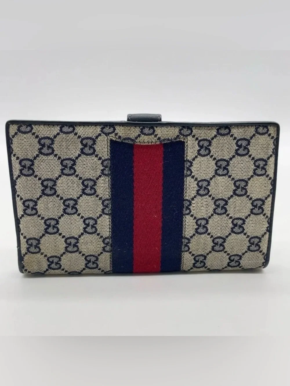 Auth Gucci Sherry Line Navy GG Canvas Passcase/Wallet